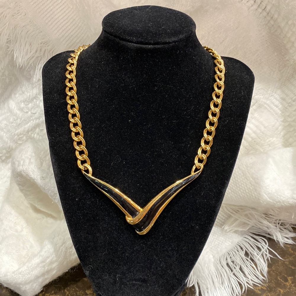 Monet gold chain black and gold V statement necklace!  Will not tarnish Vintage